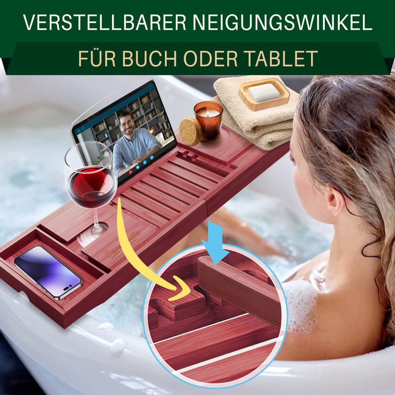 Ein rotes Badtablett mit einem Wein-, Handy- und Tablet-Display.