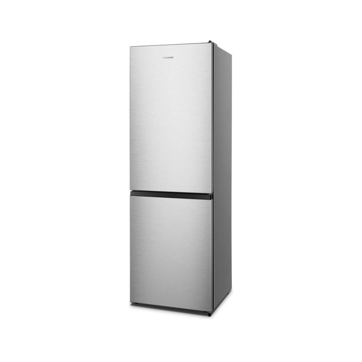 Un refrigerador plateado independiente de dos puertas sobre fondo blanco.