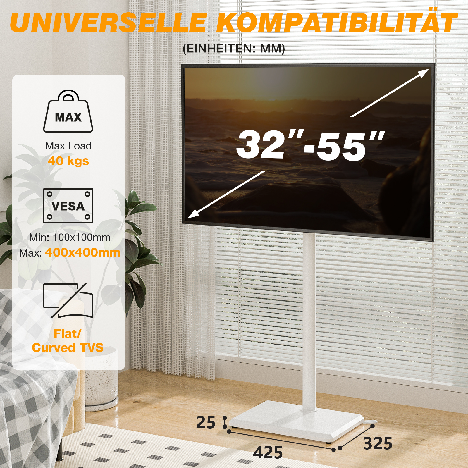 Ein weißer TV-Ständer mit einem 32-55 Zoll Bildschirm, Maßen und VESA-Infos.