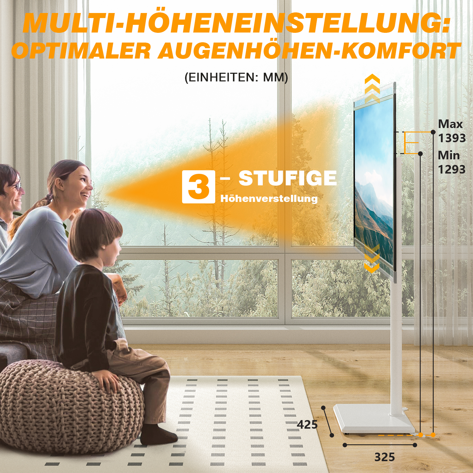 Familie schaut auf einen Fernseher mit Höhenverstellung. Anzeige von 3 Stufen.