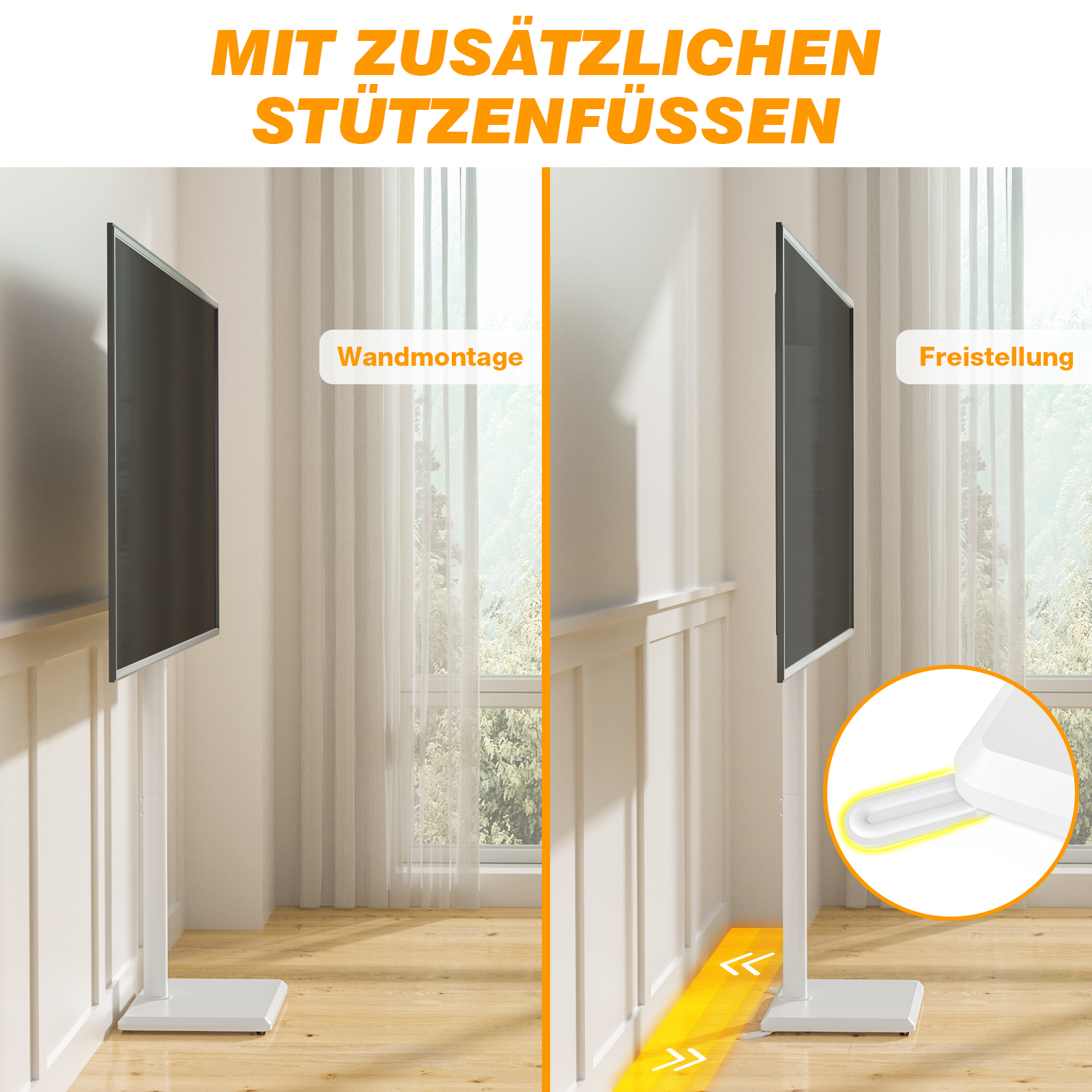 Ein weißer TV-Ständer wird zweimal gezeigt: einmal an der Wand montiert, einmal frei stehend.