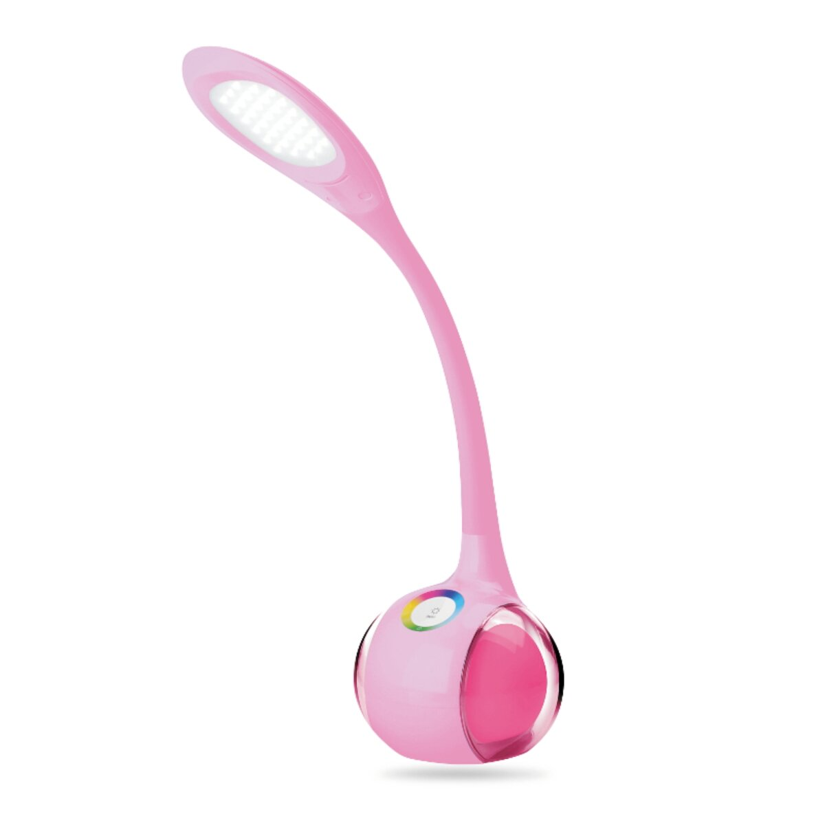Eine rosa Schreibtischlampe mit biegsamem Hals und LED-Leuchten.