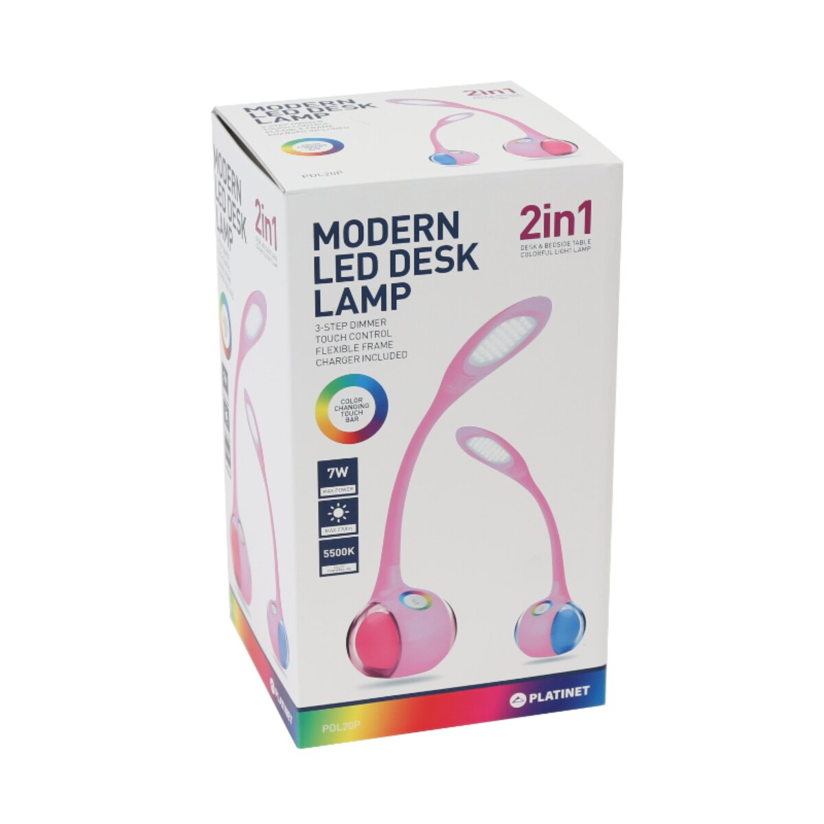 Verpackung einer modernen LED-Schreibtischlampe mit flexiblem Rahmen und Farbwechsel.