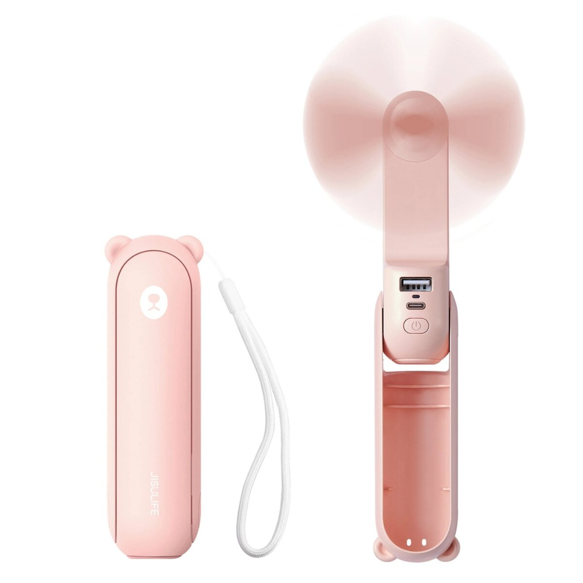 Un ventilatore pieghevole rosa con porta USB e cordino.