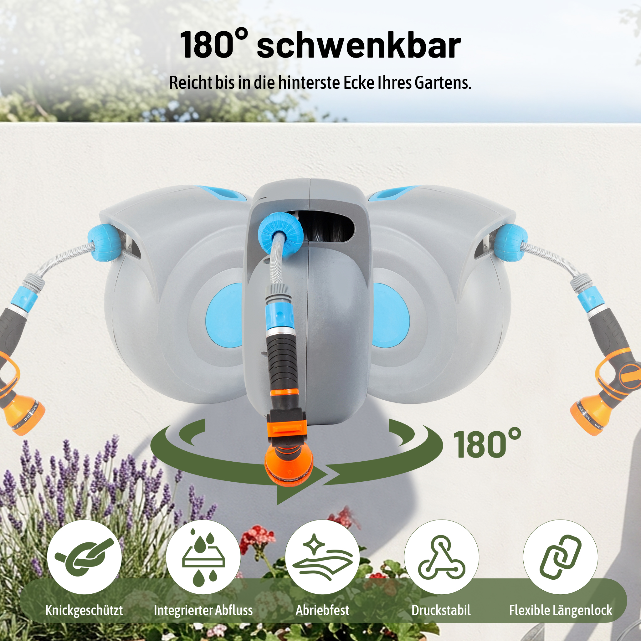 Graue Wand-Schlauchbox mit 180° Schwenkarm, daneben Lavendel und Blumen.