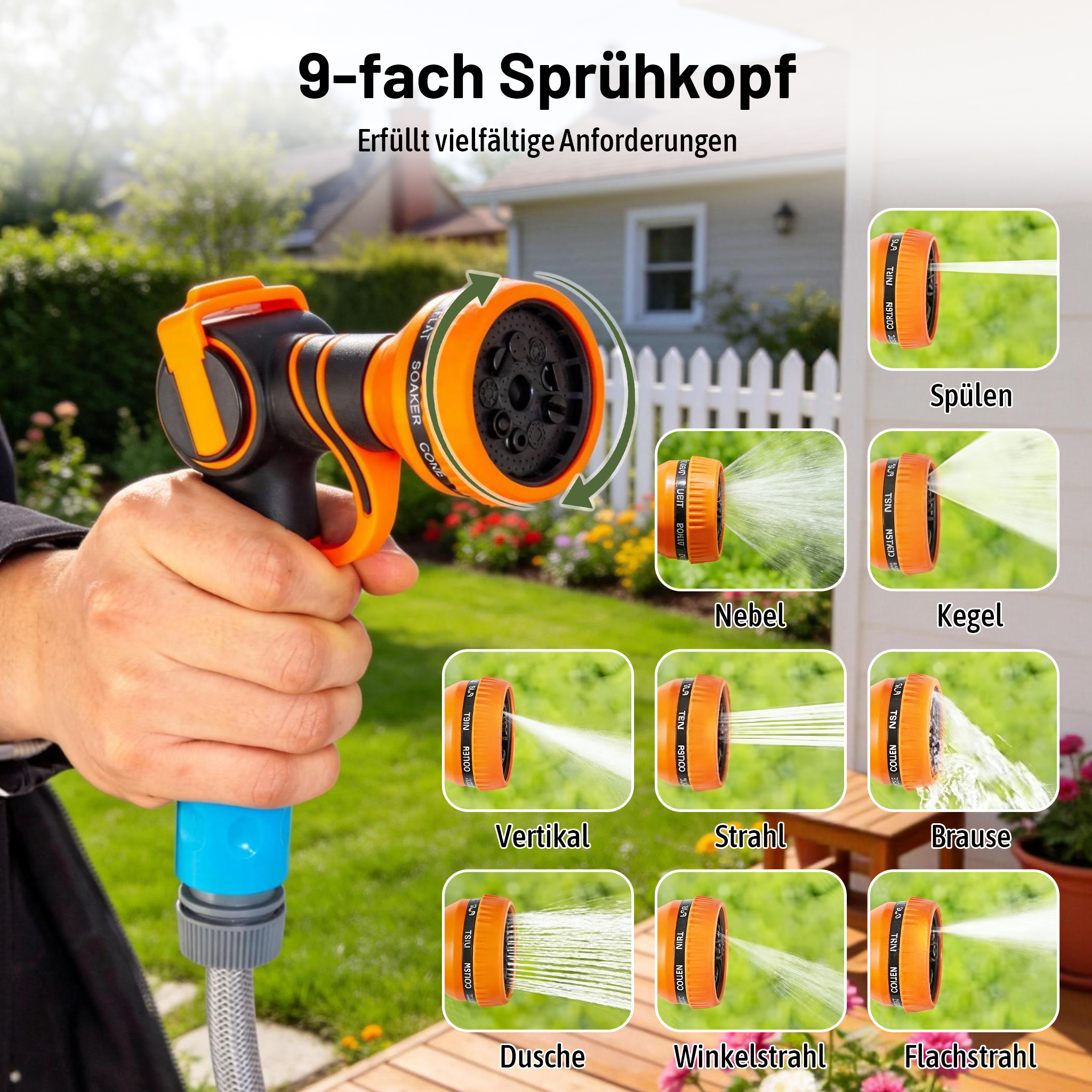 Ein Handgriff hält eine Sprühpistole mit verschiedenen Einstellungen für Wasserstrahlen.