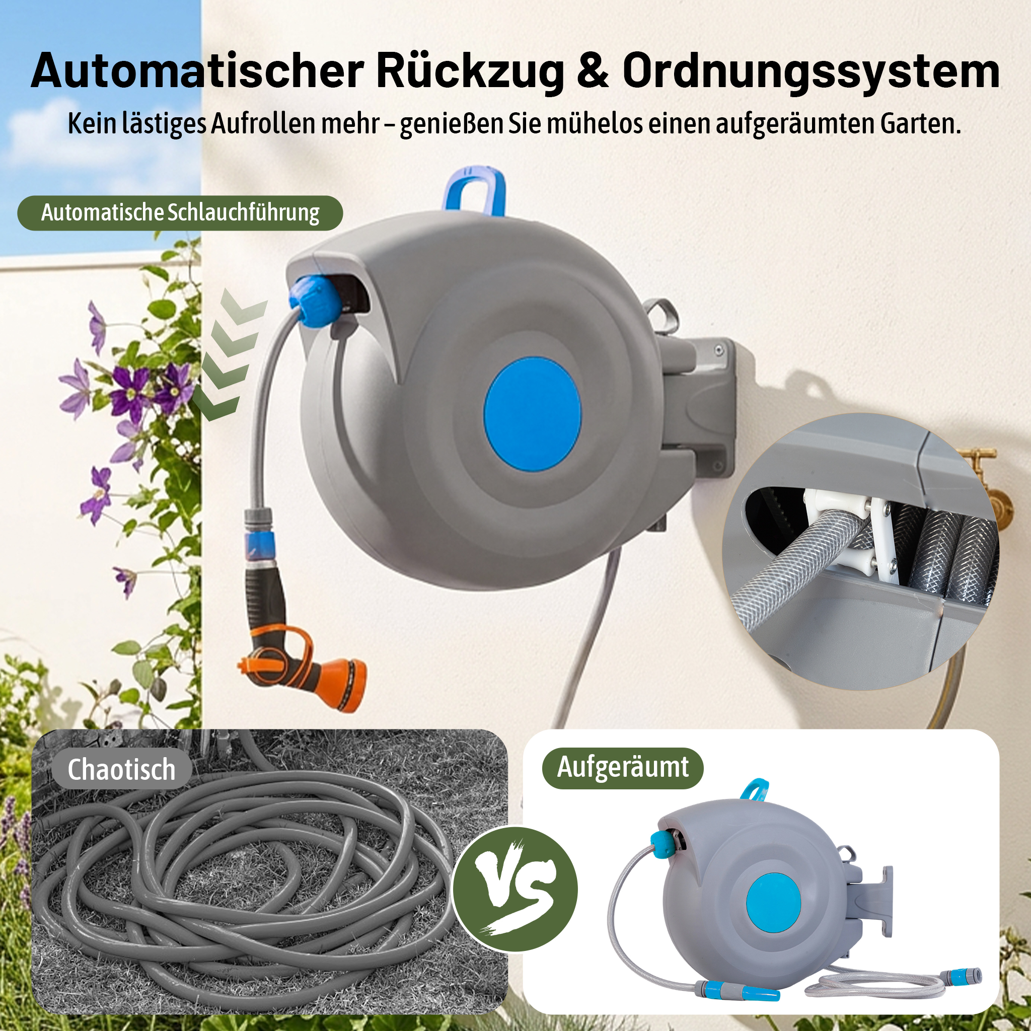 Graue automatische Schlauchaufrollung mit blauem Akzent, daneben ein aufgerollter Schlauch.