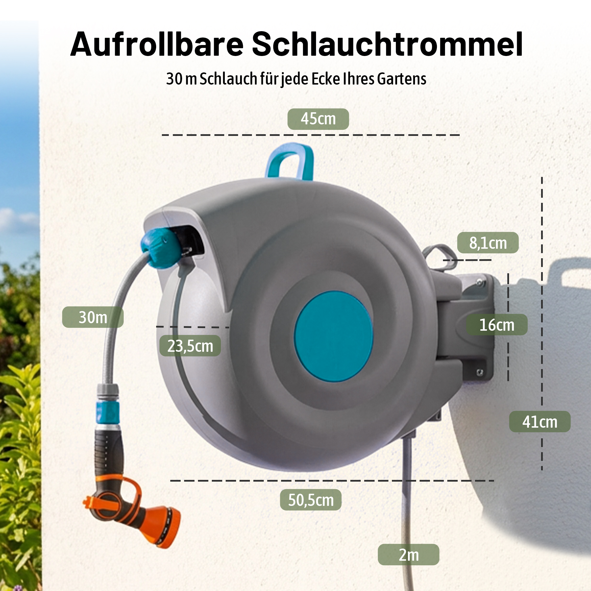 Graue, aufrollbare Schlauchtrommel an einer Wand mit Maßen.