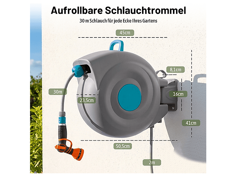 NAXSIR 30m Wandmontage, Gartenschlauch Aufroller Gartenschlauchtrommel, Blau