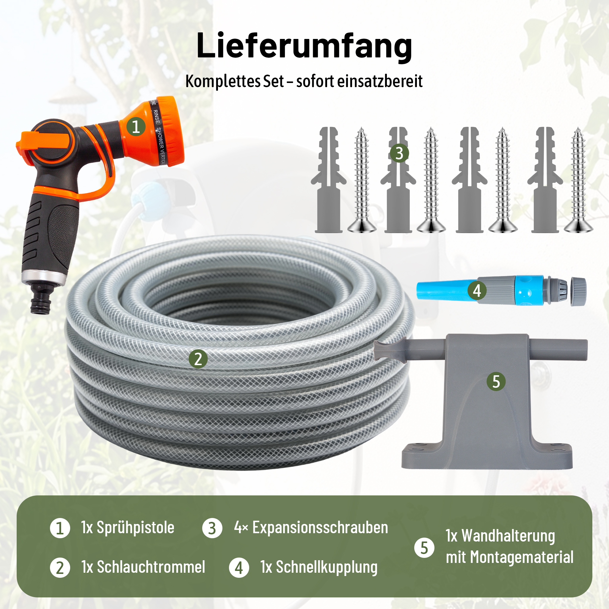 Gartenschlauch-Set mit Spritzpistole, Schlauchtrommel, Schrauben und Halterung.