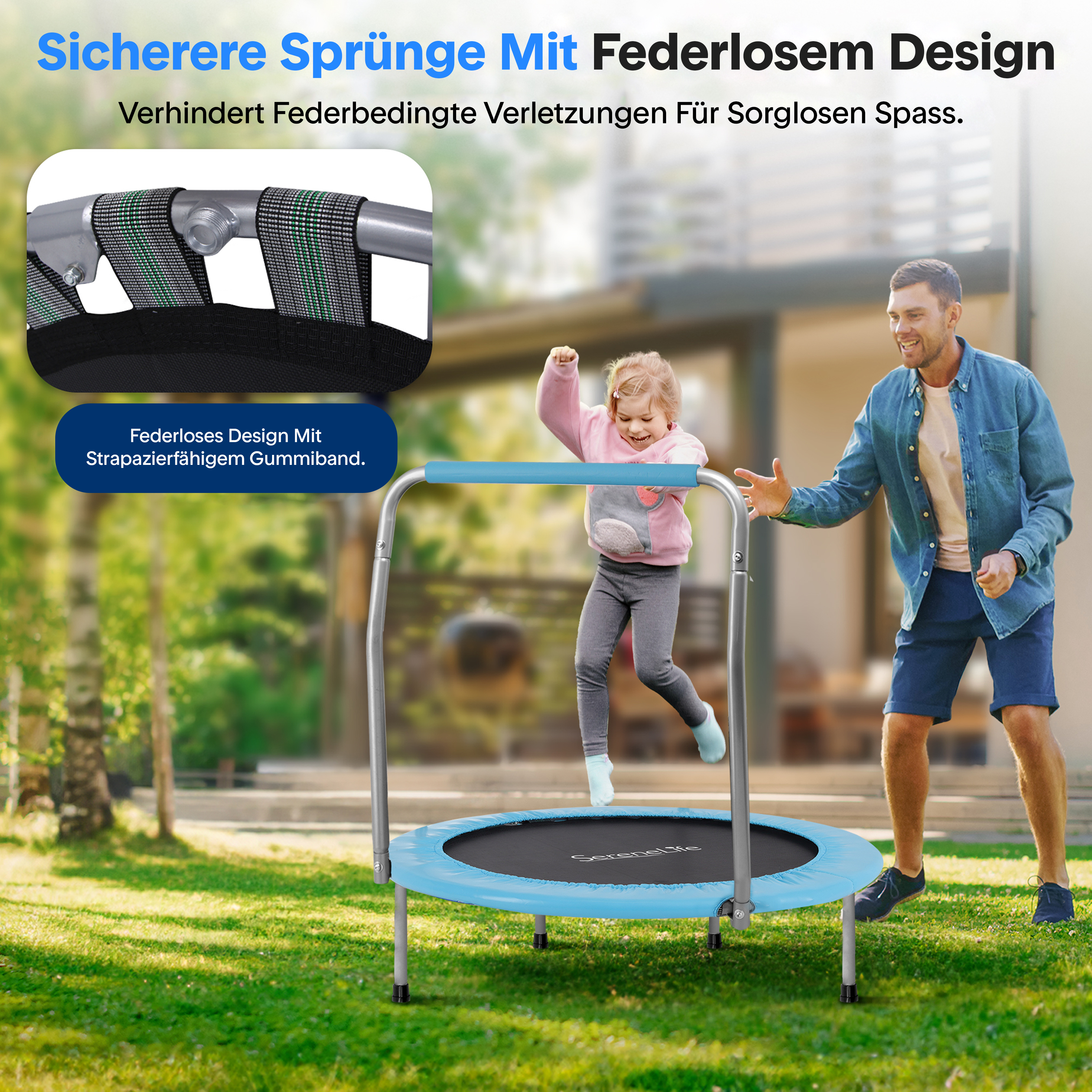 Ein Mann und ein Kind springen auf einem Trampolin im Garten. Nahaufnahme des Gummibands.