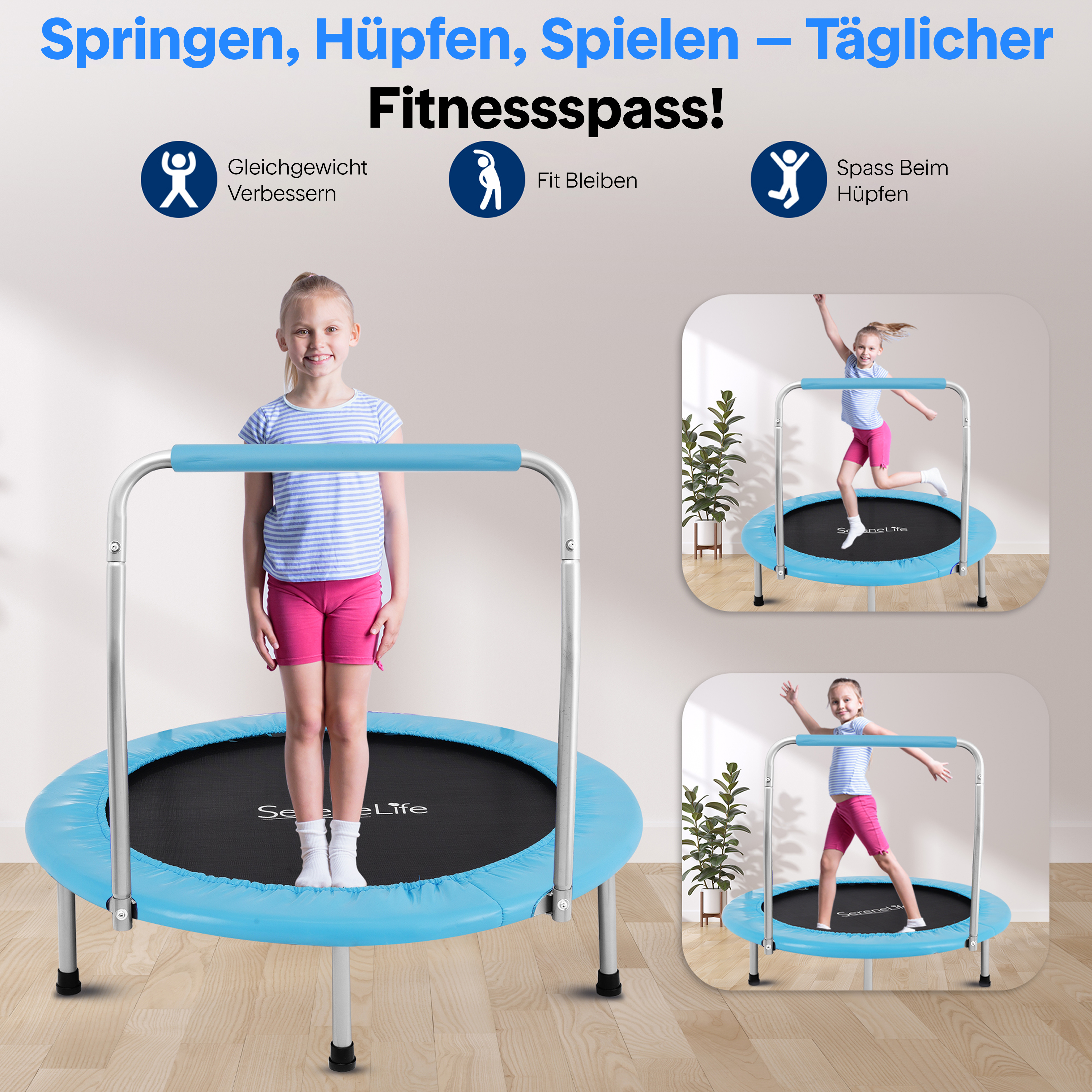 Ein Mädchen steht auf einem blauen Trampolin mit silbernen Griffen.