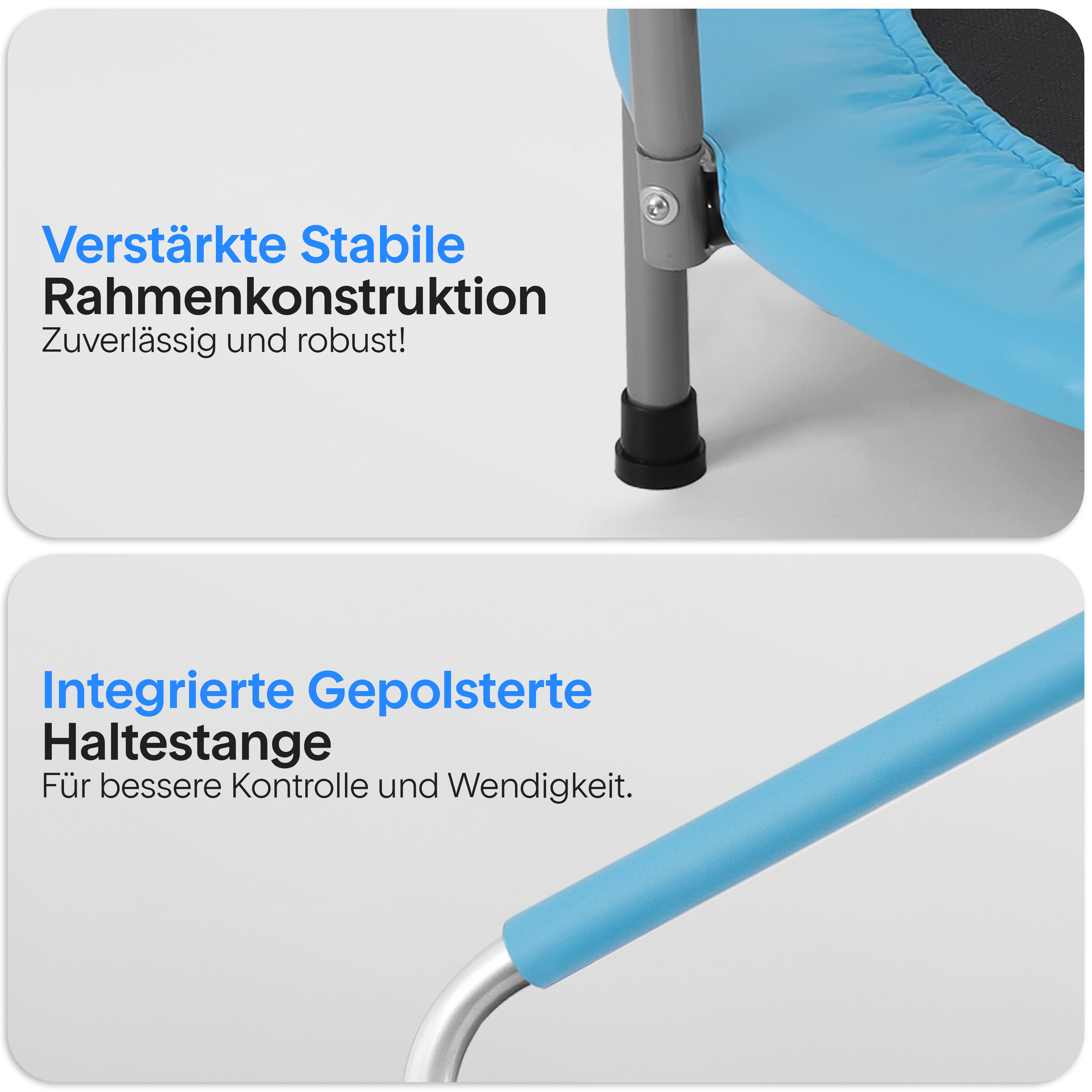 Stabile Rahmenkonstruktion und gepolsterte Haltestange.