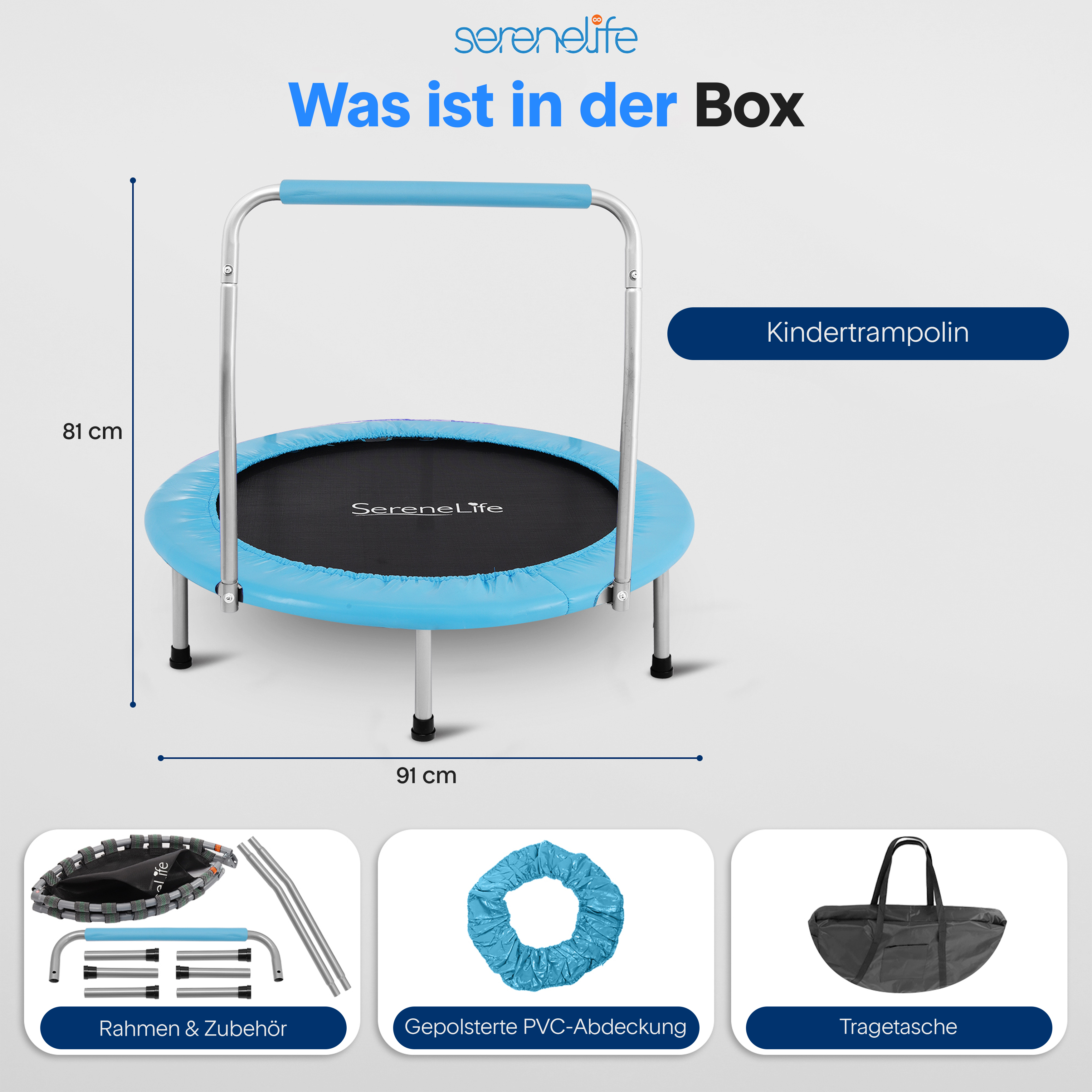 Ein blaues Kindertrampolin mit silbernem Griff und den Maßen 81x91 cm.