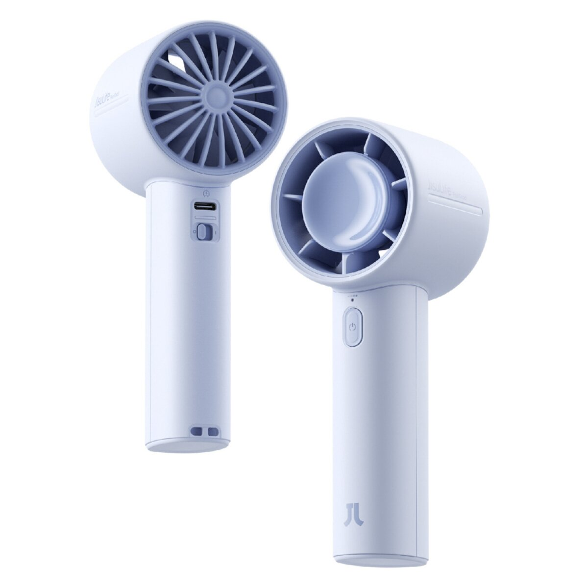 Due ventilatori bianchi portatili con accenti blu su sfondo bianco.