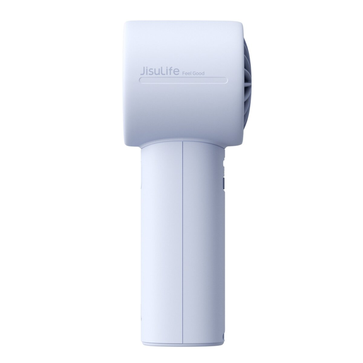 Un ventilatore portatile bianco con manico cilindrico e parte superiore rettangolare con prese d'aria.