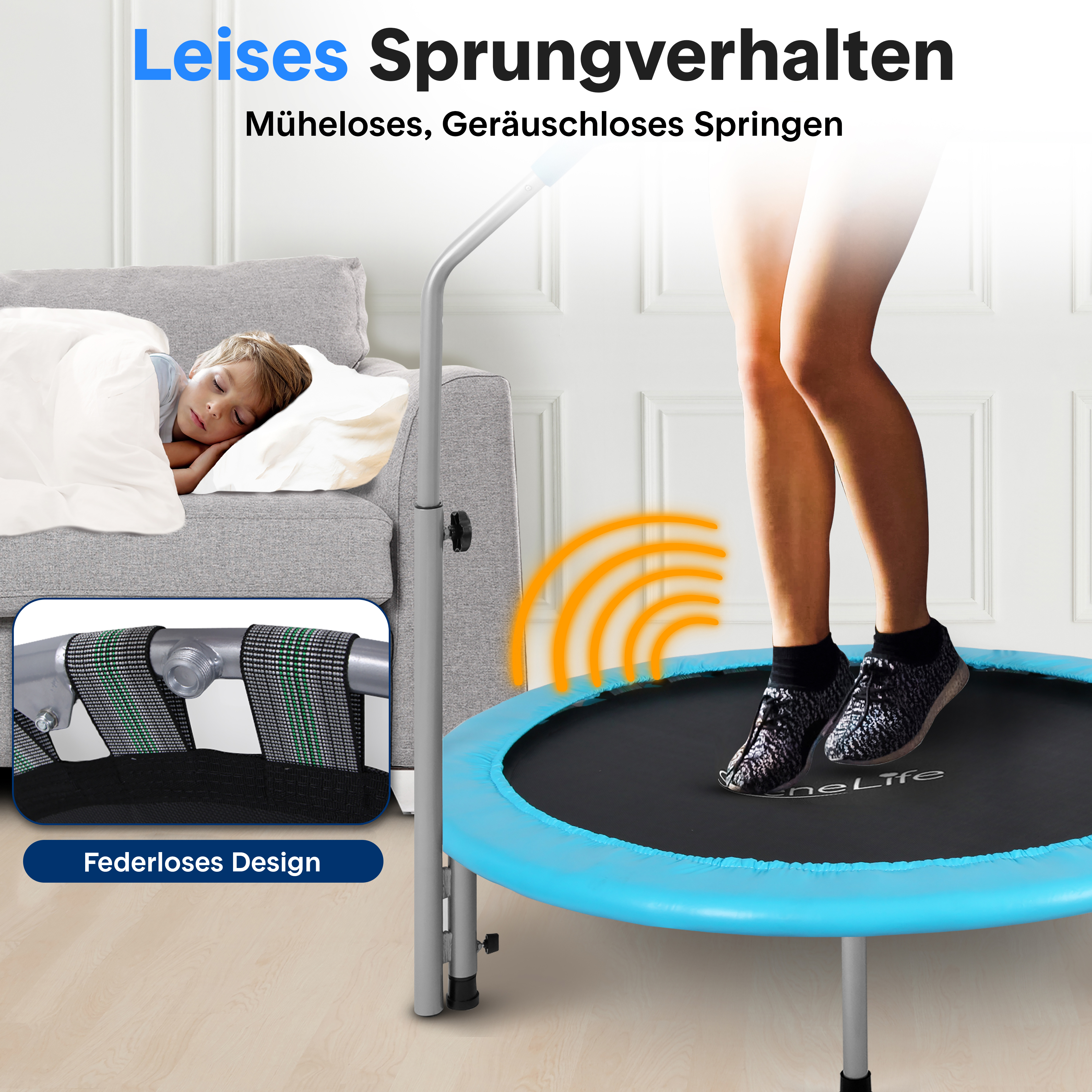 Ein Kind schläft auf einer Couch, während eine Person auf einem blauen Trampolin springt.