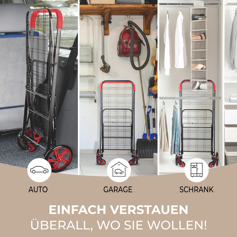 Ein faltbarer Einkaufswagen in drei Szenarien: im Auto, in der Garage, im Schrank.