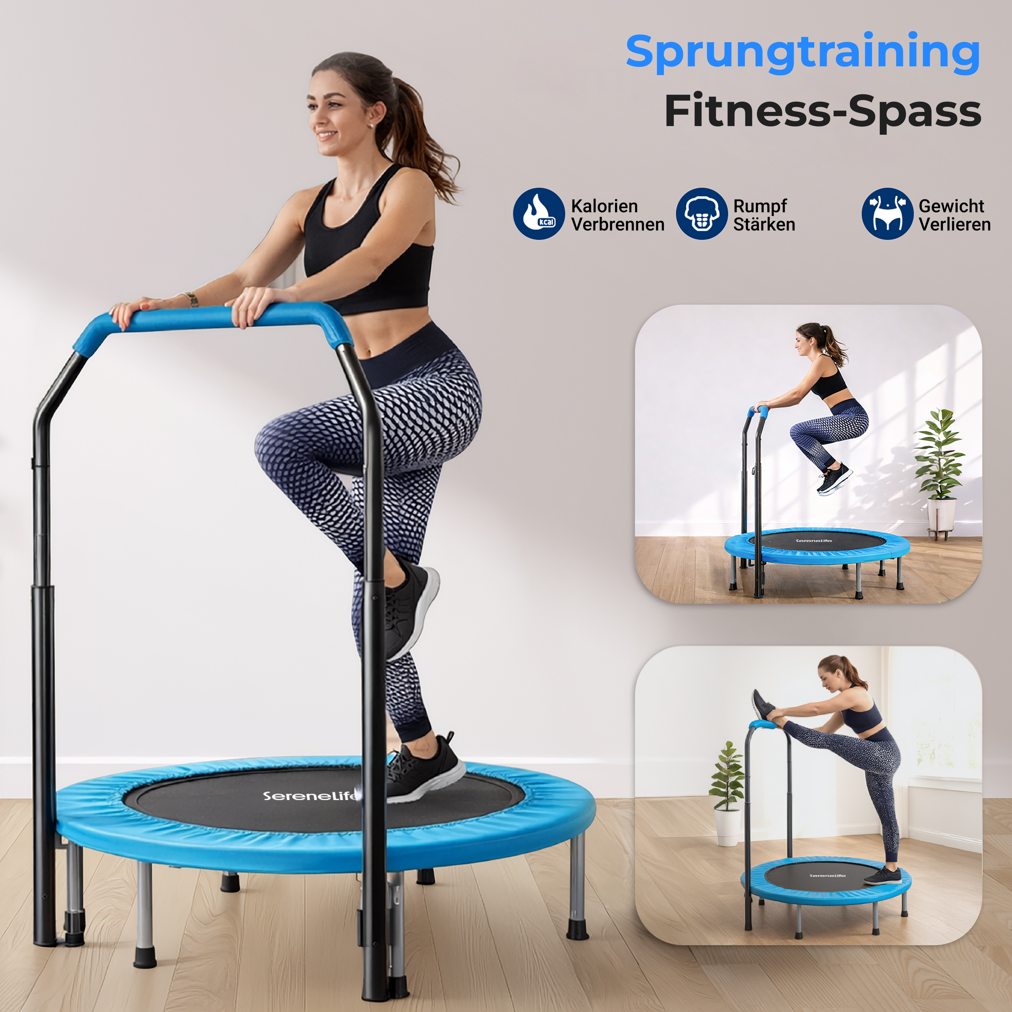 Frau macht Sprünge auf einem blauen Trampolin mit Griff. Icons für Kalorien, Rumpf, Gewicht.