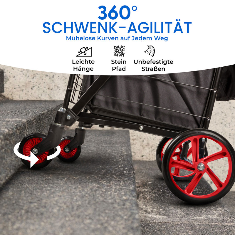 Schwarzer Einkaufstrolley mit roten Rädern auf Steinstufen.