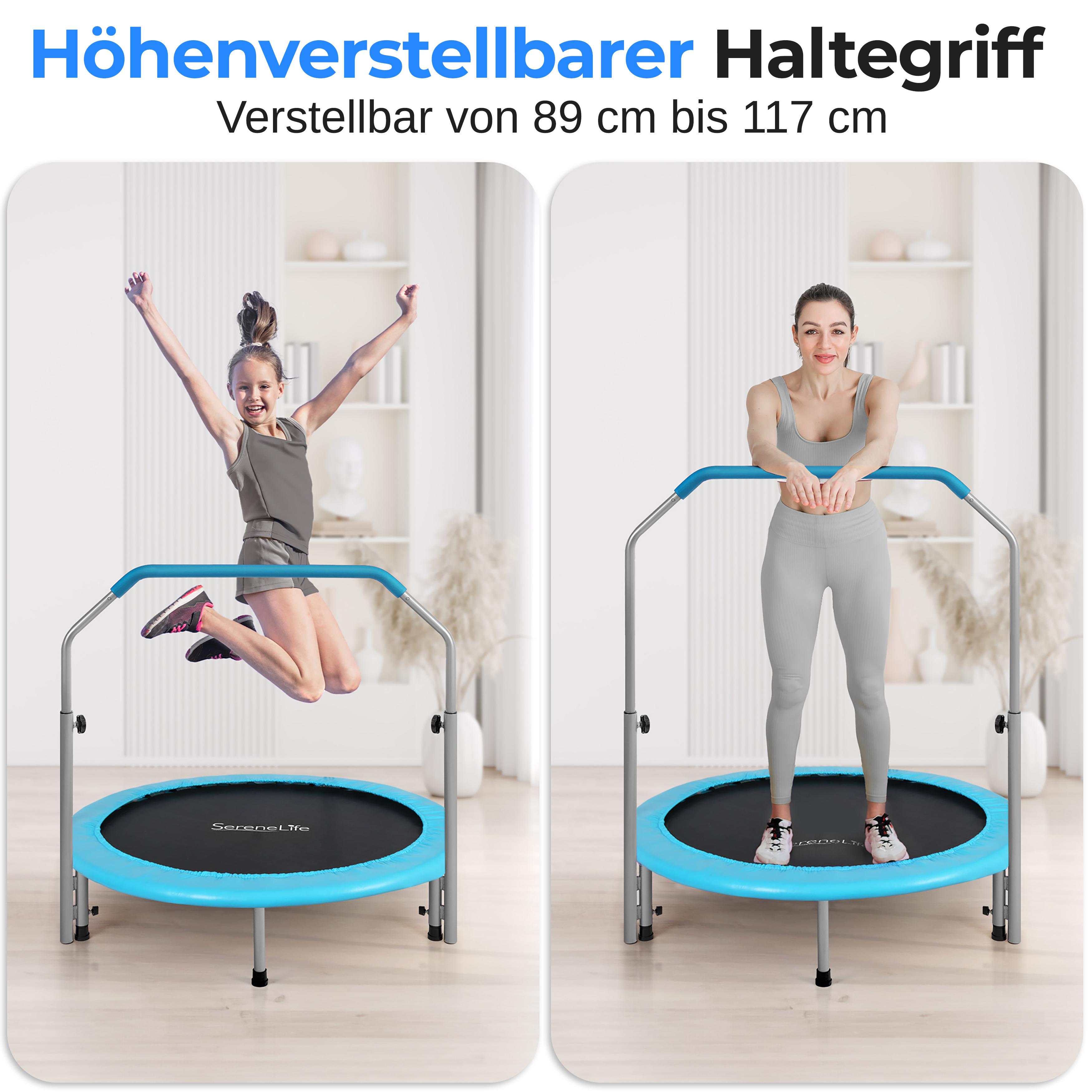 Mädchen springt, Frau steht auf blauem Trampolin mit Haltegriff. Verstellbar von 89-117 cm.