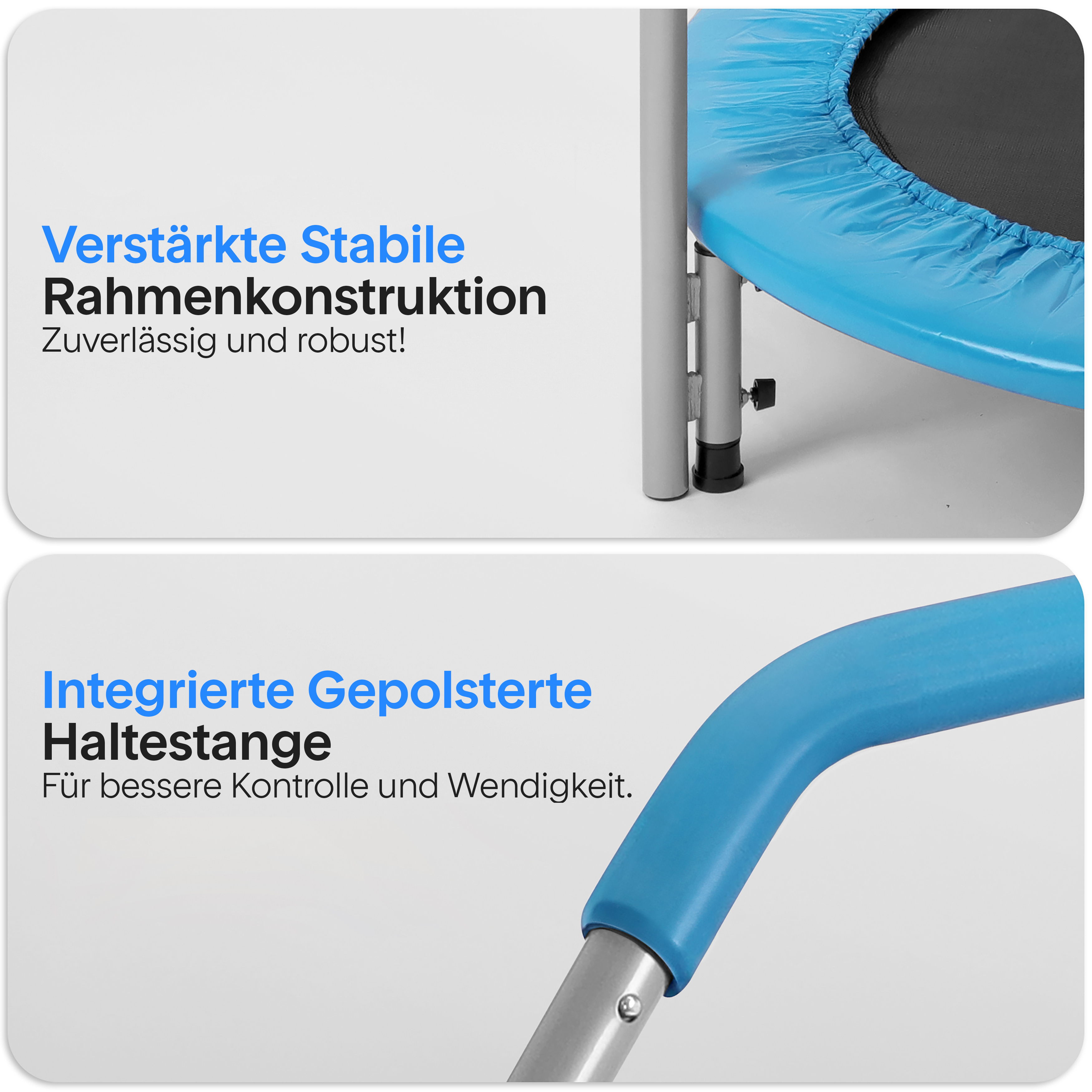 Stabile Rahmenkonstruktion & gepolsterte Haltestange eines Trampolins.
