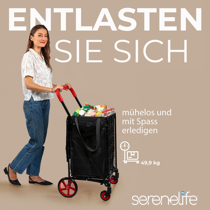 Eine Frau schiebt einen schwarzen Einkaufswagen voller Lebensmittel. Text 'Entlasten Sie sich'.