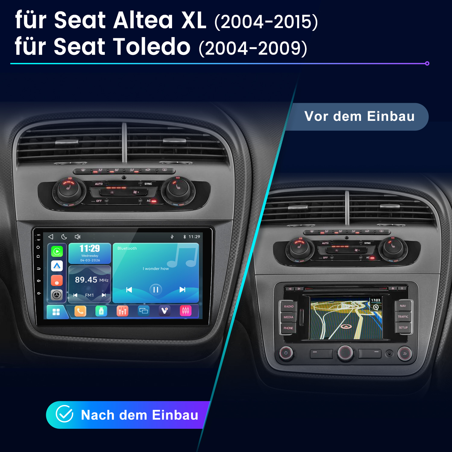 Vergleich zweier Autoradios: Alt und Neu mit Touchscreen, Navigation und Medien.