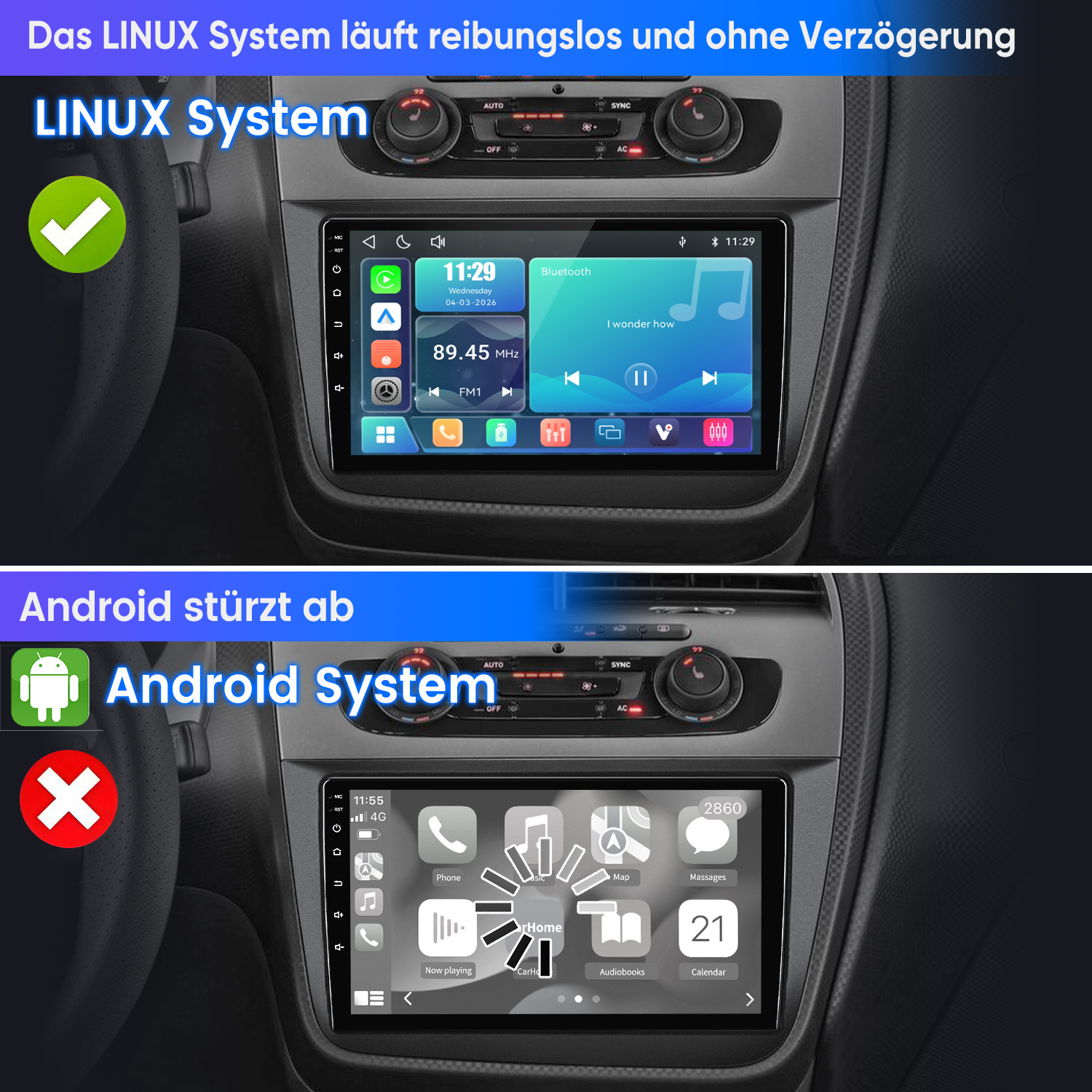 Zwei Auto-Infotainment-Systeme: LINUX (oben) und Android (unten, mit Fehler).