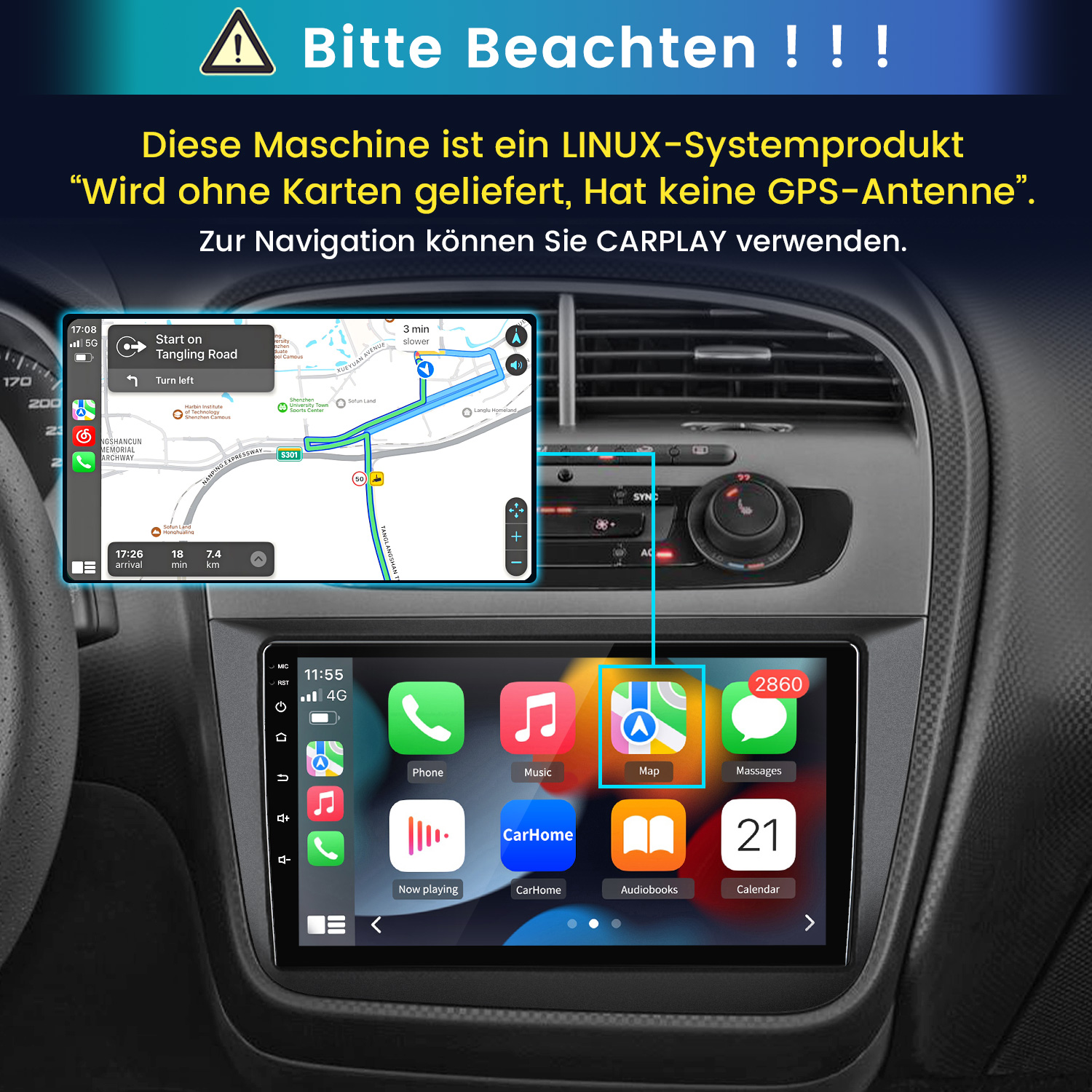 Ein Auto-Infotainmentsystem mit Navigationskarte und App-Symbolen, oben Warnhinweise.