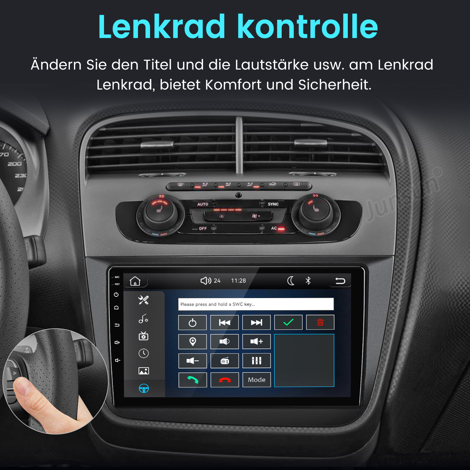 Autoinnenraum mit Touchscreen-Radio, das Lenkradsteuerung anzeigt.