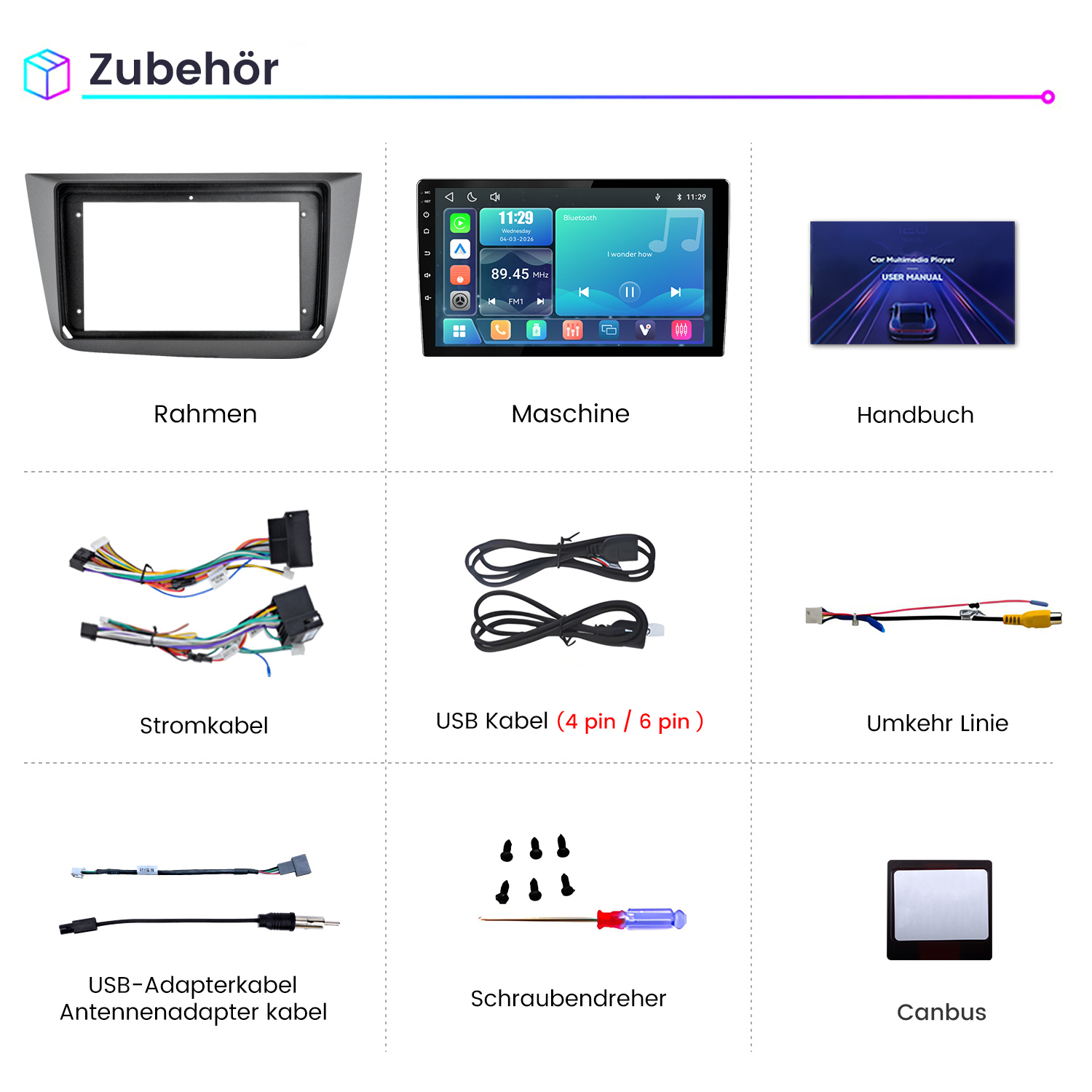 Zubehör: Rahmen, Maschine, Handbuch, Stromkabel, USB Kabel, Umkehr Linie, Adapterkabel, Schraubendreher, Canbus.