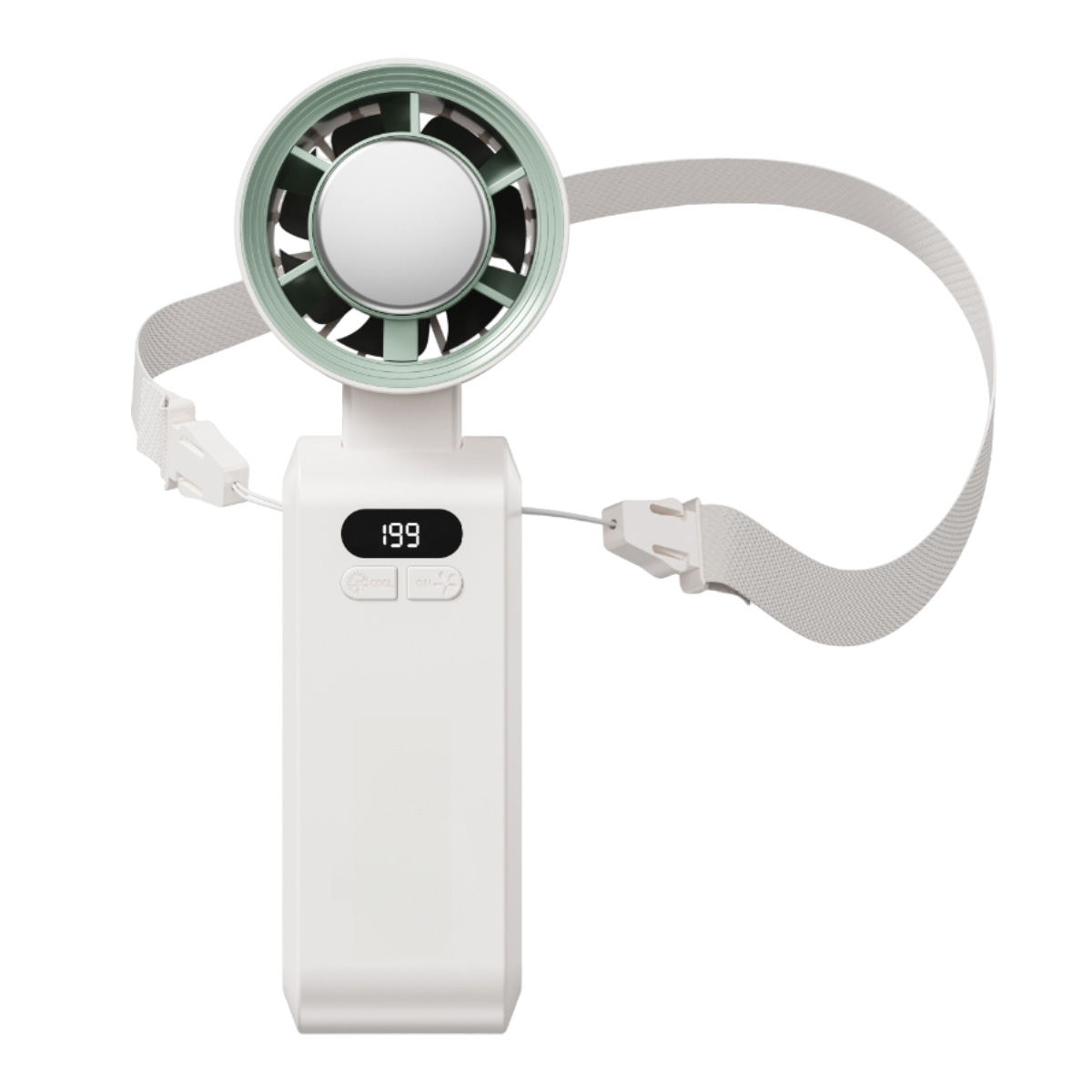 Ein weißer tragbarer Ventilator mit grünem Rand und einem Display.