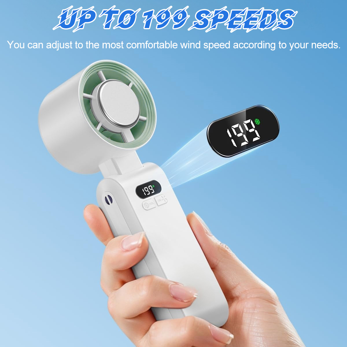 Eine Hand hält einen weißen Ventilator mit digitaler Anzeige von 199.