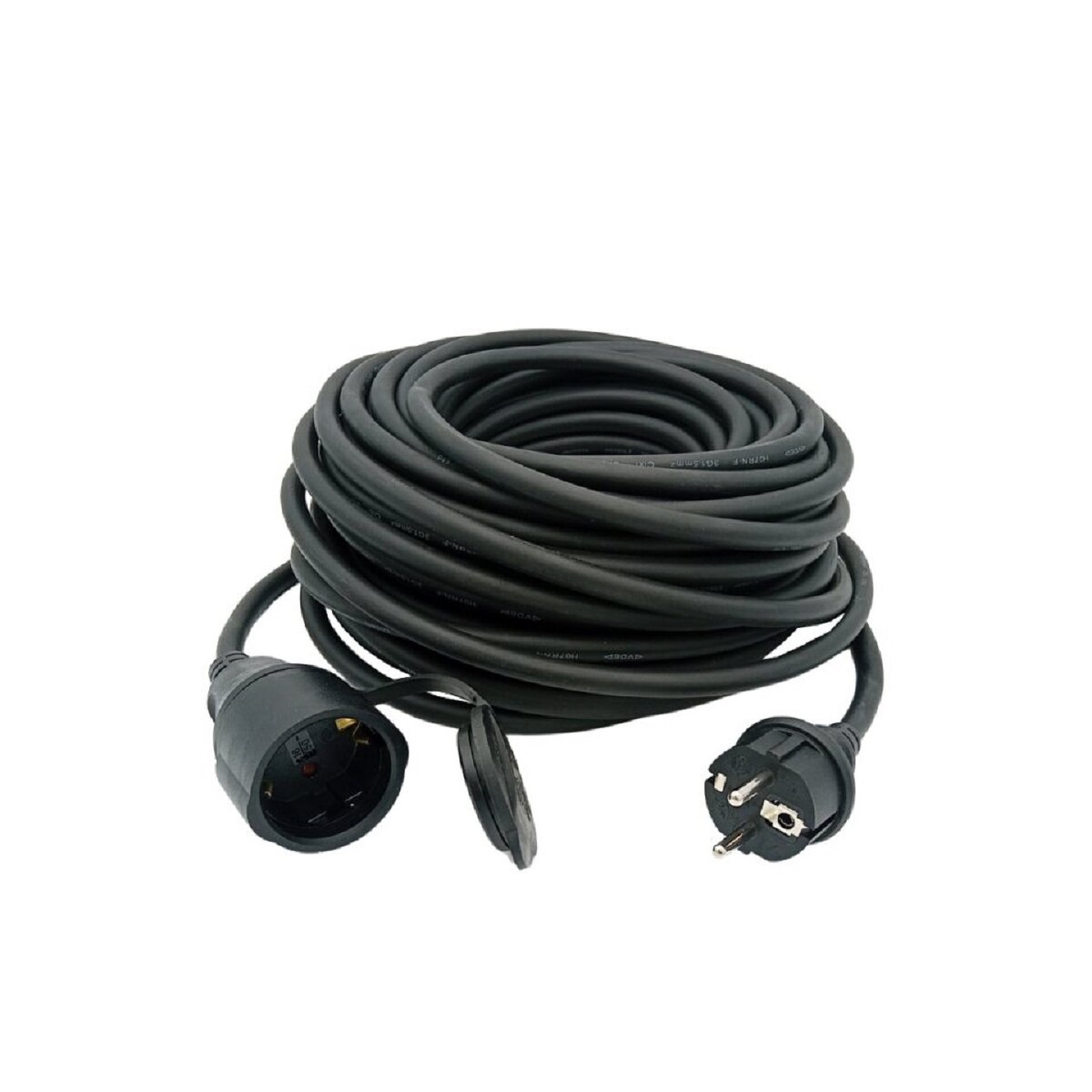 Schwarzes Kabel mit Stecker und Buchse auf weißem Hintergrund.