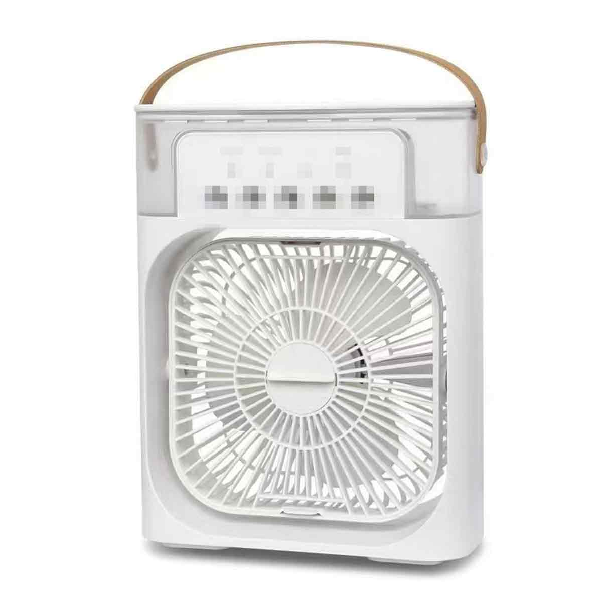Ein weißer tragbarer Ventilator mit Griff und transparentem oberen Teil.