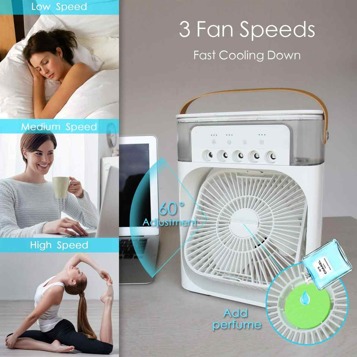 Ein weißer Ventilator mit 3 Geschwindigkeiten, einstellbar auf 60°, mit Parfümoption.