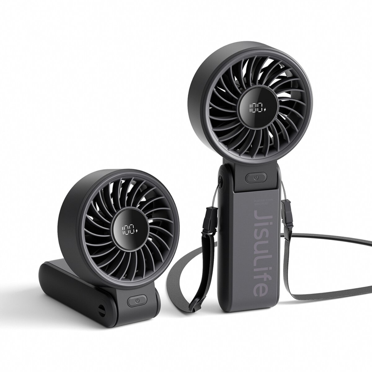 Due ventilatori portatili scuri su sfondo bianco.
