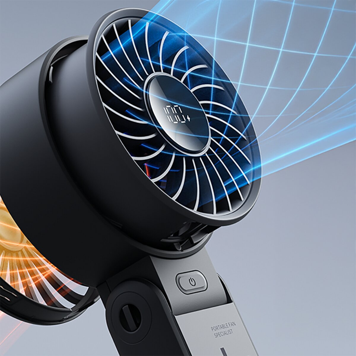 Ventilatore nero con flusso d'aria blu e display digitale.