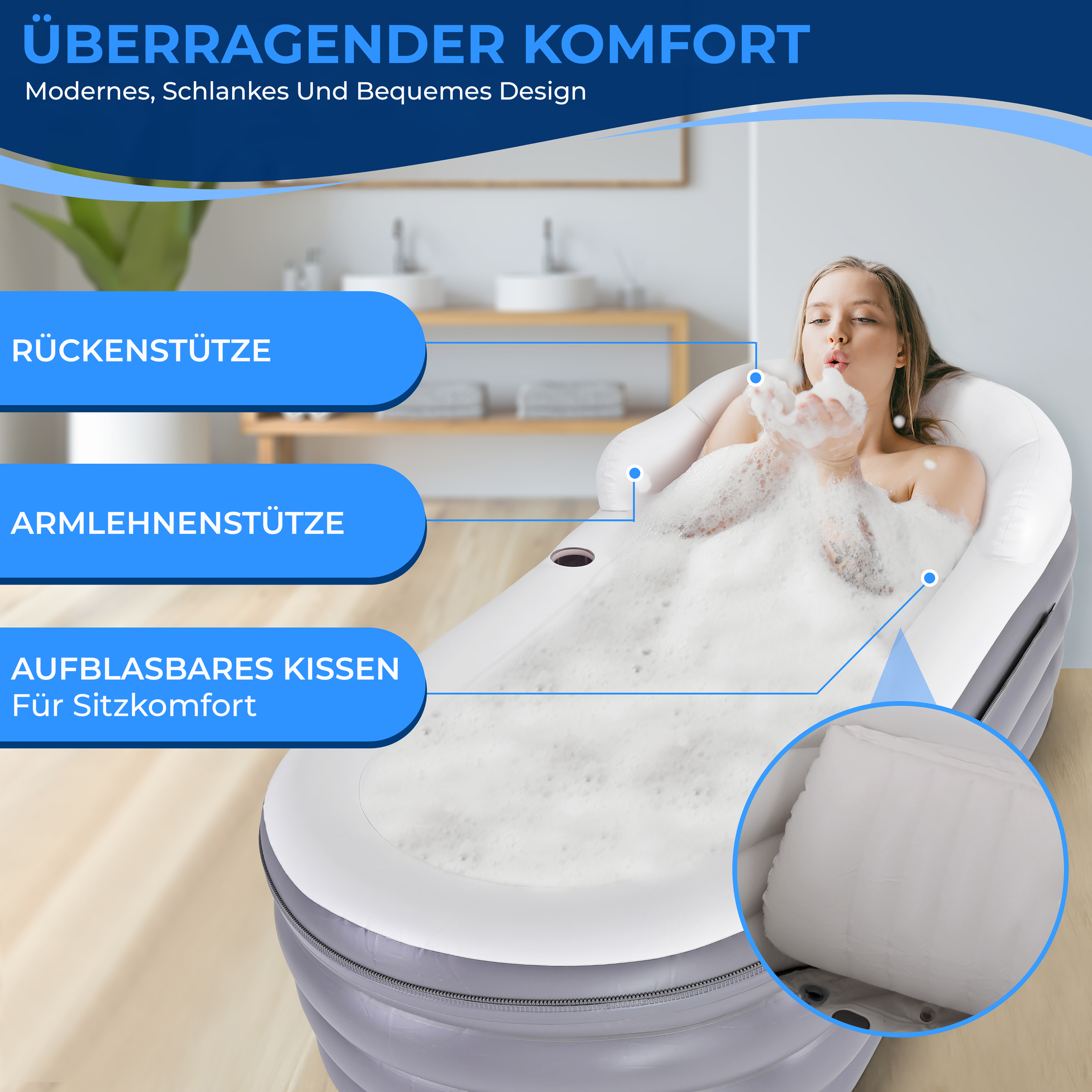 Frau in aufblasbarer Badewanne mit Schaum, wirft Schaum in die Luft.