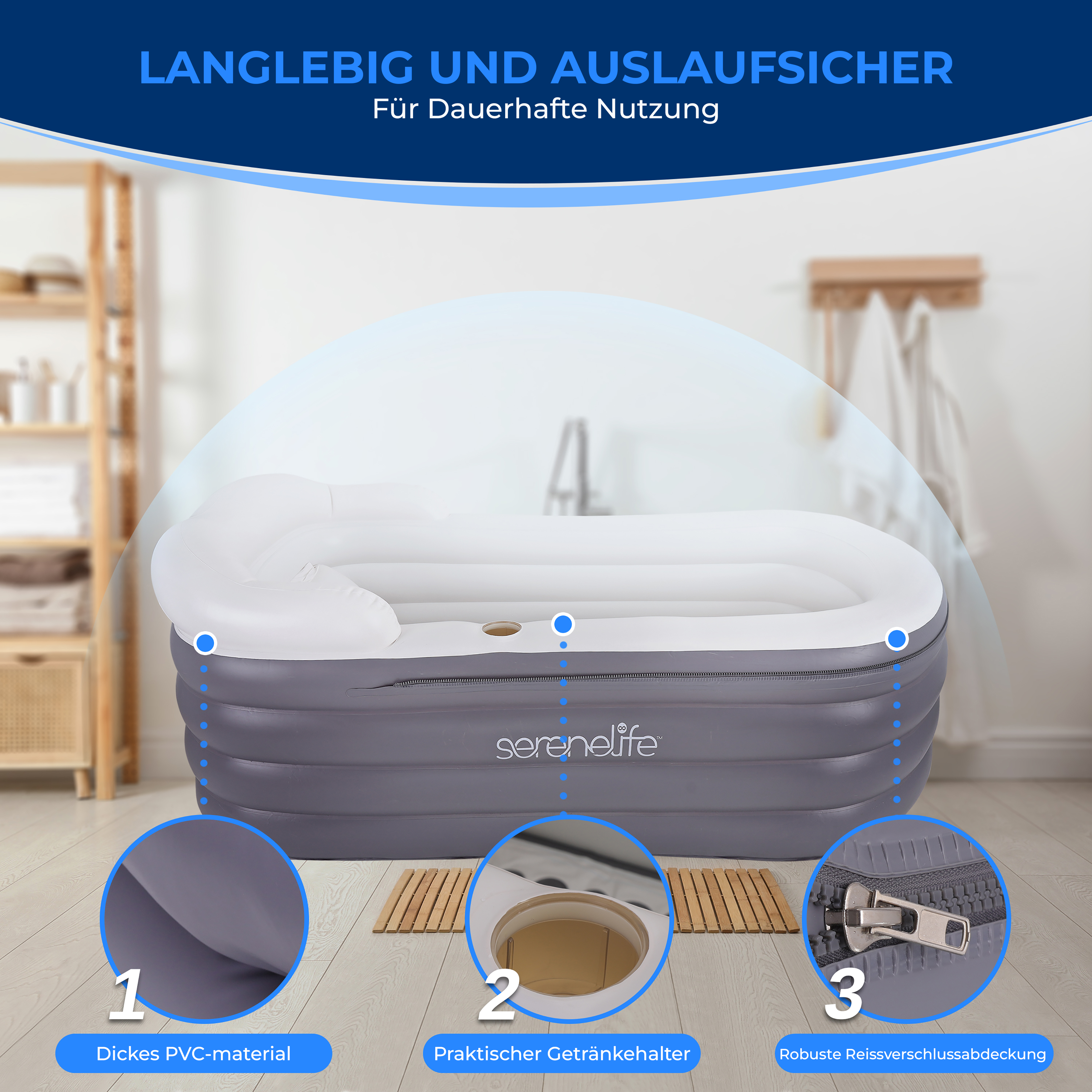 Aufblasbare Badewanne mit Getränkehalter und Reißverschlussabdeckung.