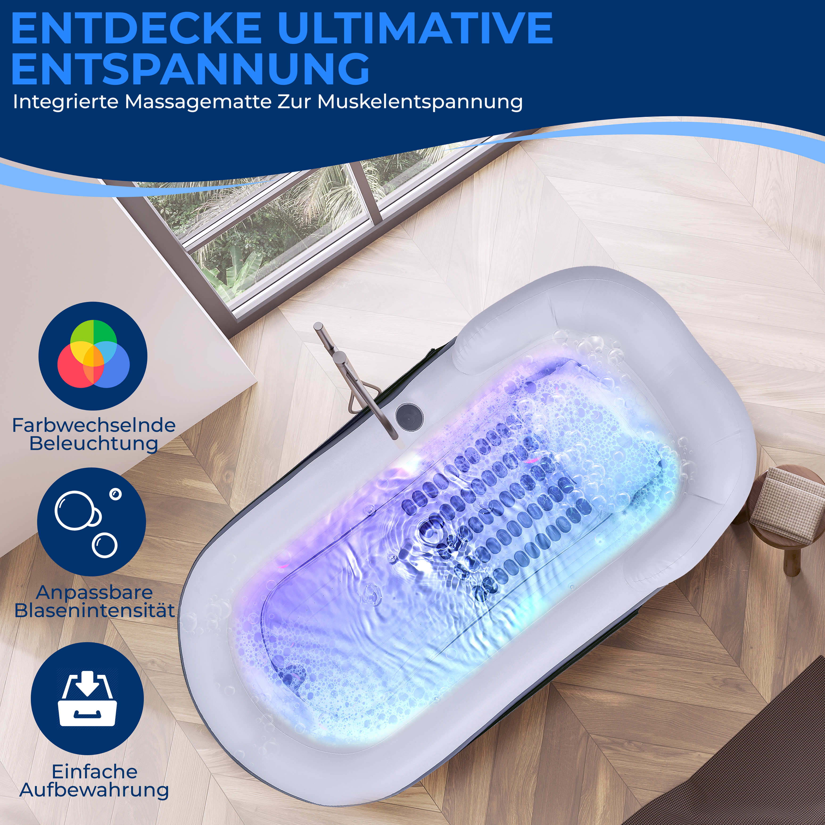 Aufblasbare Wanne mit LED-Beleuchtung und Blasen, auf Holzboden.