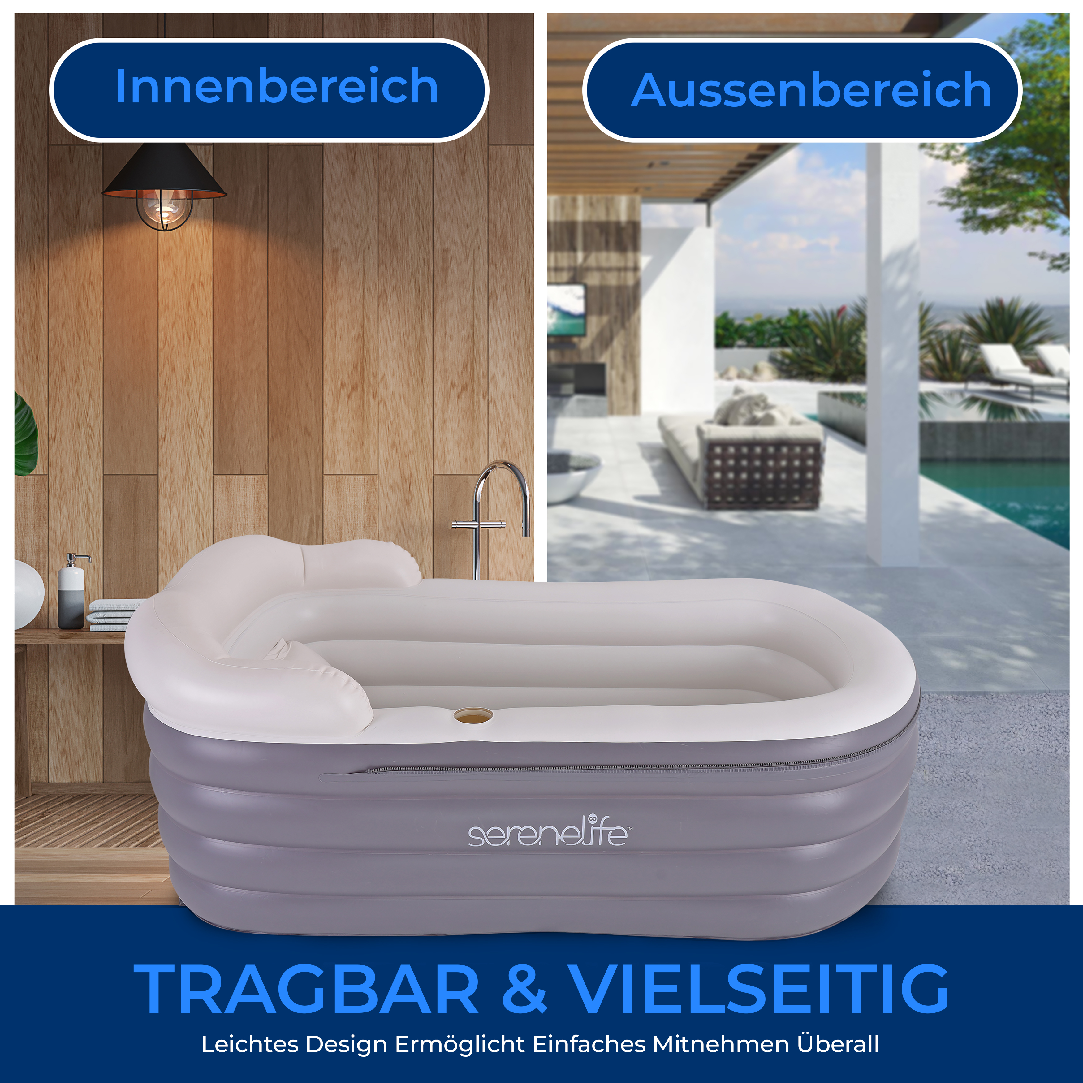 Aufblasbare Badewanne drinnen und draußen mit Holz/Pool-Hintergrund.