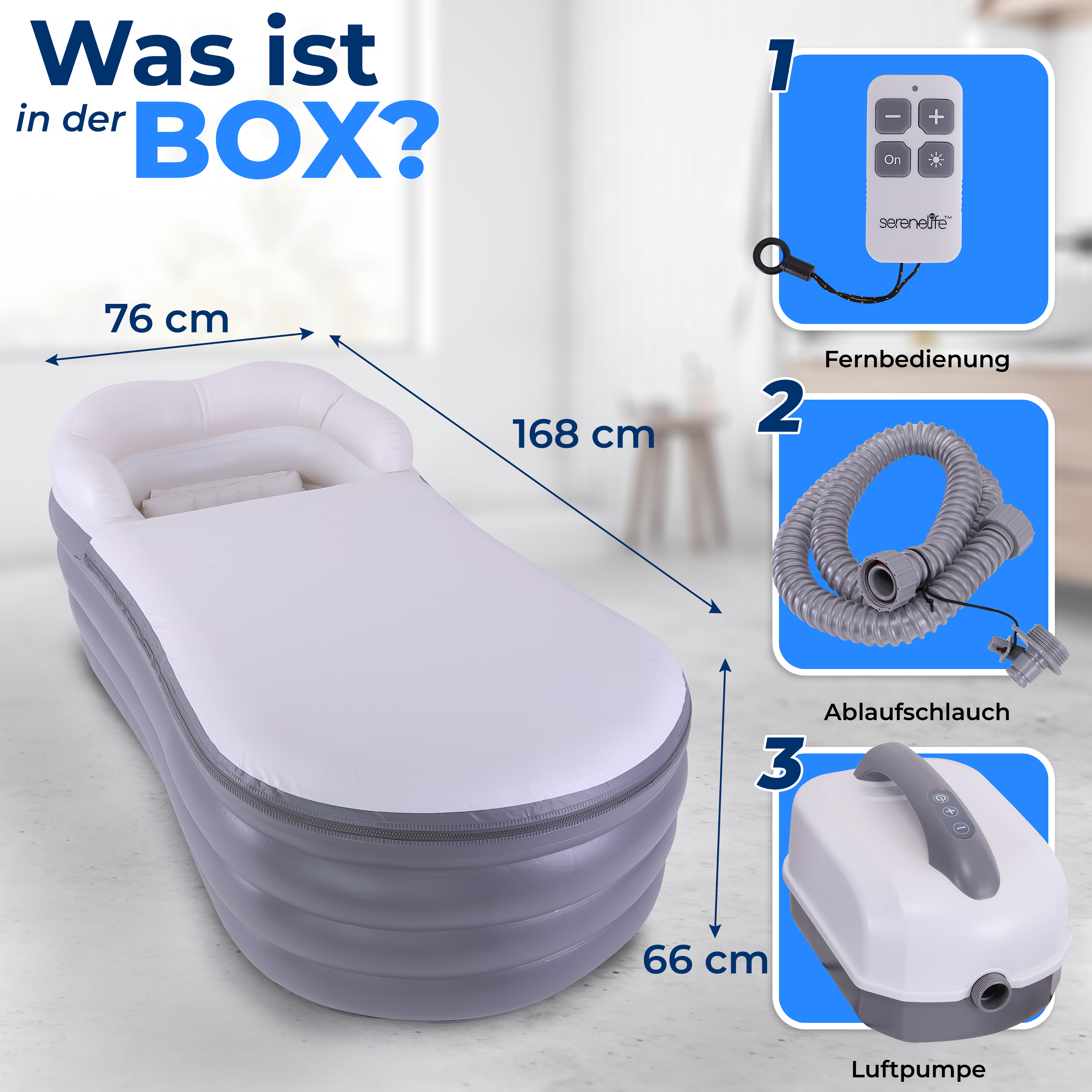 Aufblasbare Wanne mit Fernbedienung, Schlauch und Pumpe.