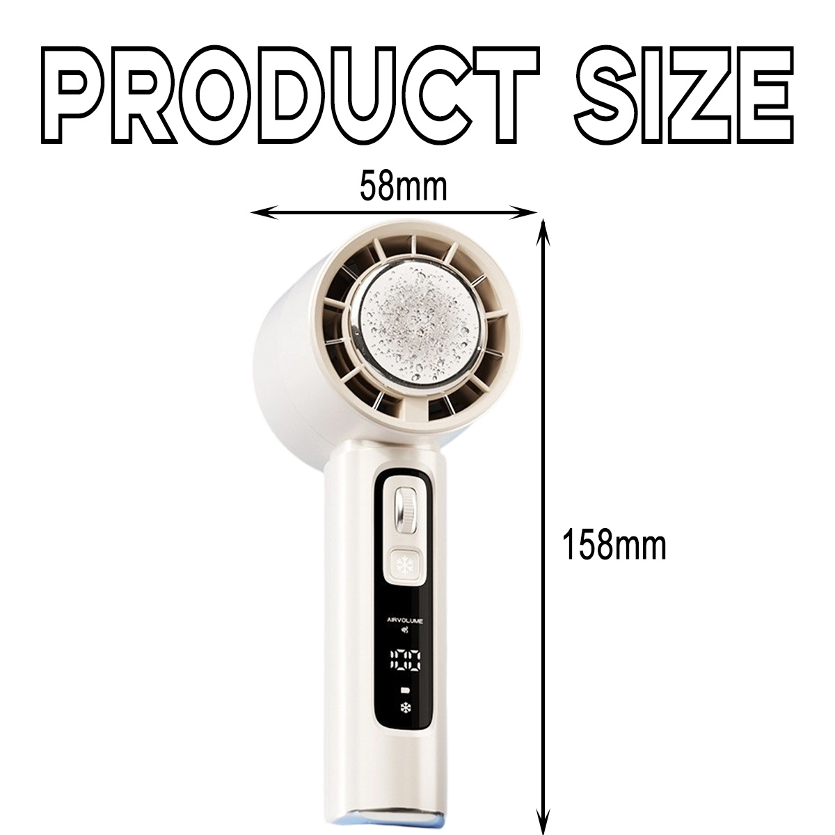 Produktgröße: 58mm Breite, 158mm Höhe. Weißer Haartrockner mit Lüfter und Display.