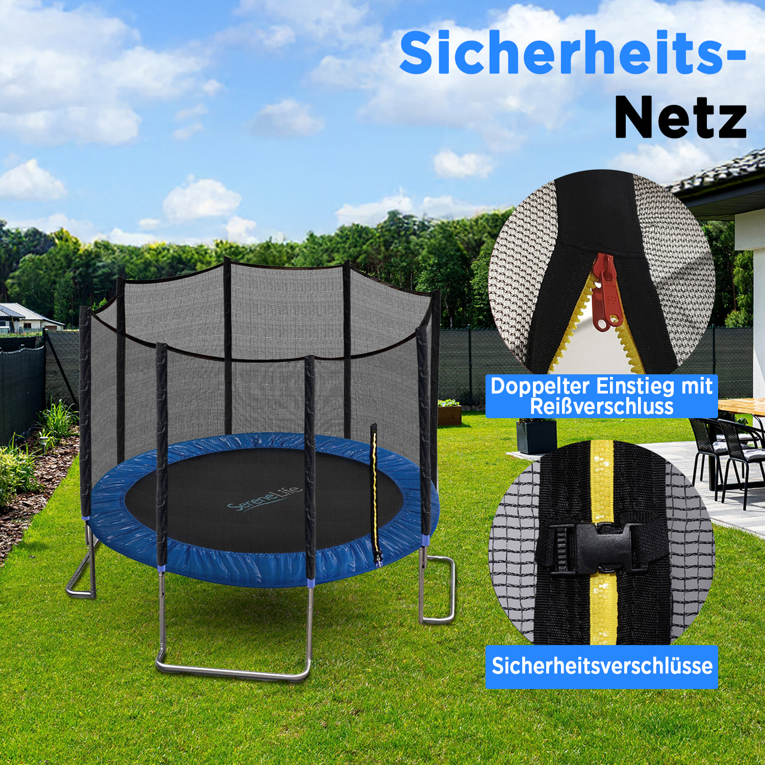 Ein blauer und schwarzer Trampolin mit Sicherheitsnetz steht auf grünem Rasen, mit Nahaufnahmen von Reißverschluss und Schnalle.