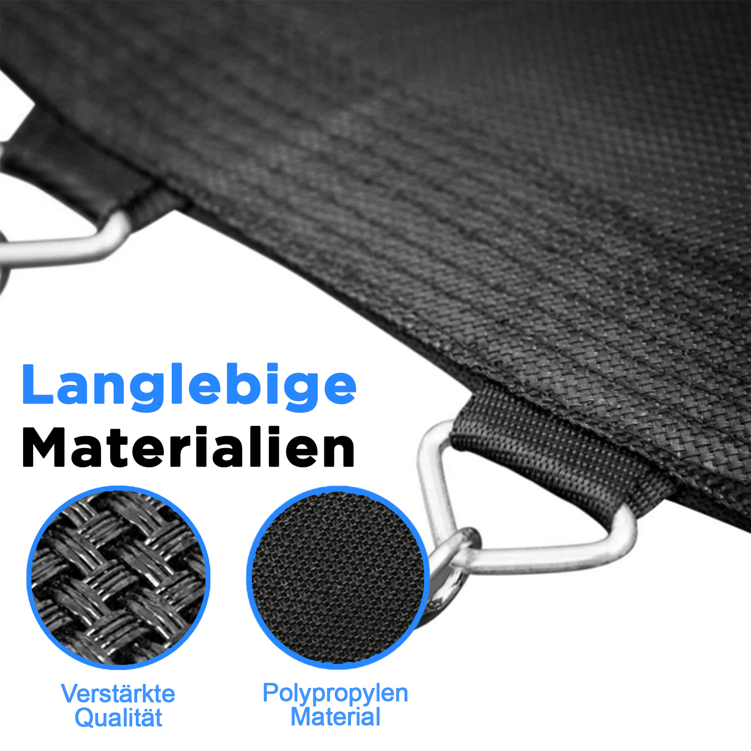 Nahaufnahme einer schwarzen Trampolinmatte mit Metallfedern. Zwei Kreise zeigen Webdetails.