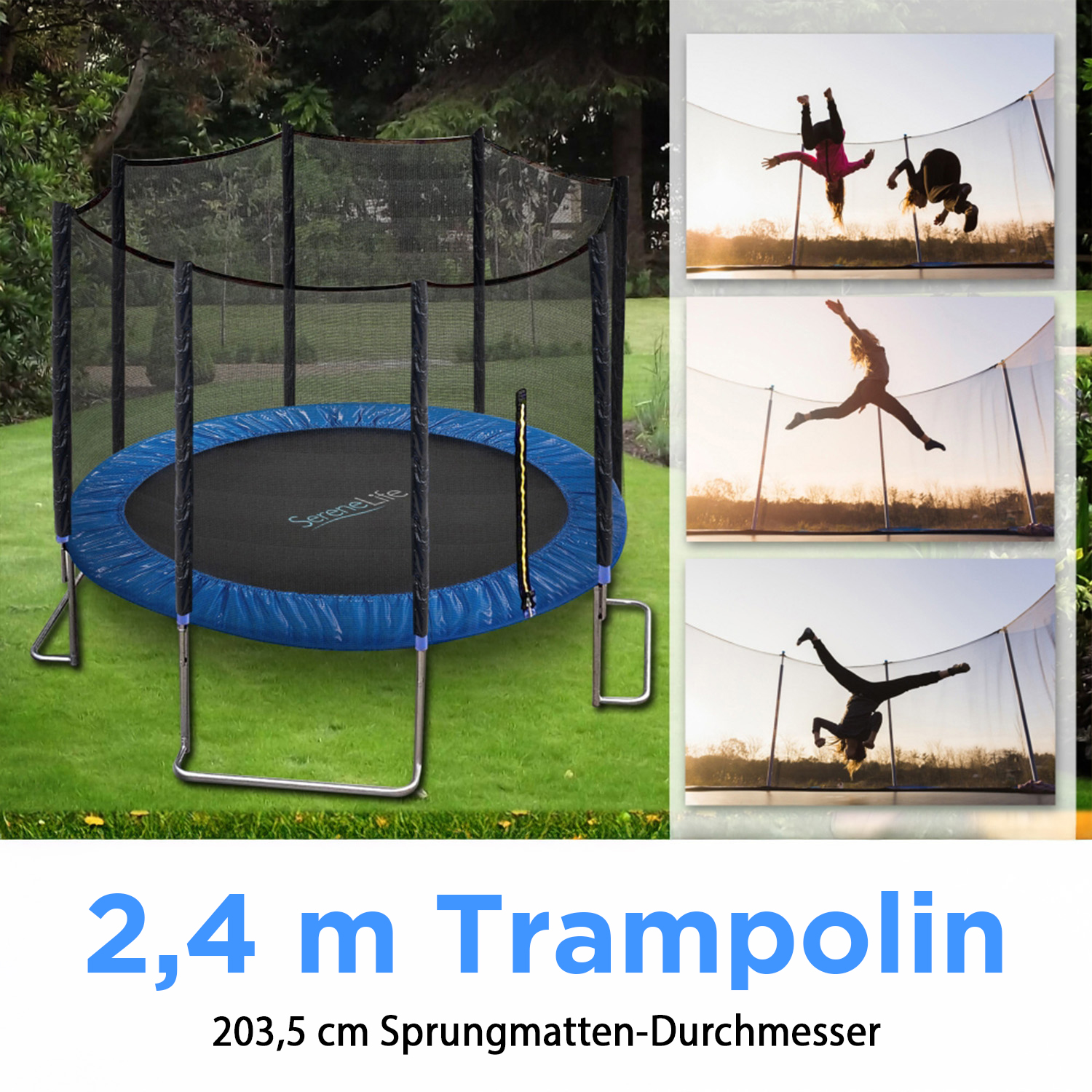 Trampolin mit Sicherheitsnetz im Garten, Personen springen.