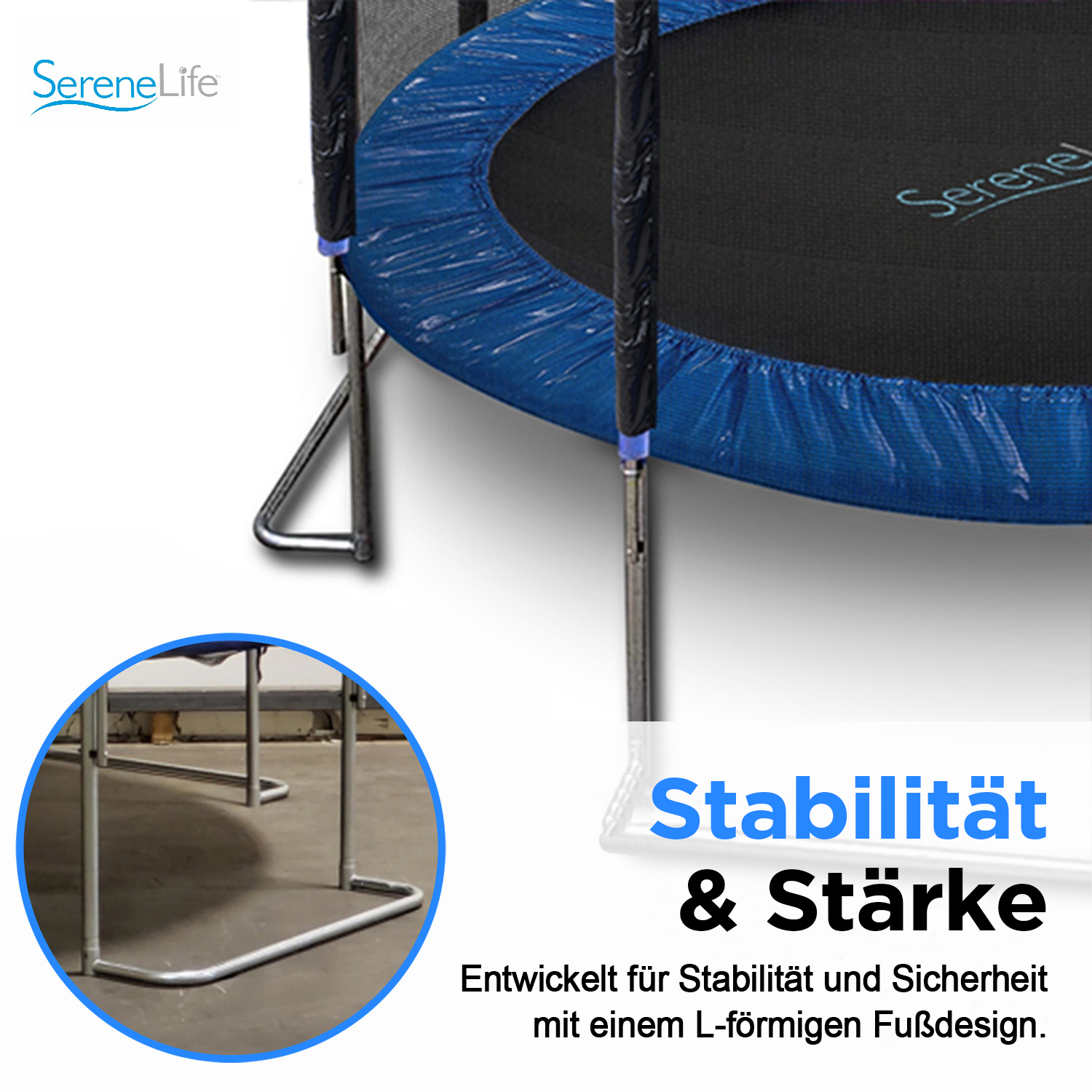 Trampolin mit blauem Rand, L-förmigen Füßen für Stabilität.