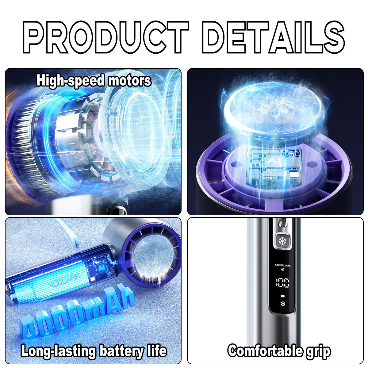 Produkt-Details: Hochgeschwindigkeitsmotoren, KI-Chip, 4000mAh Akku, bequemer Griff.